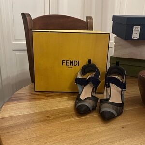 Fendi Women's Black and Brown Heels with Blue Accents